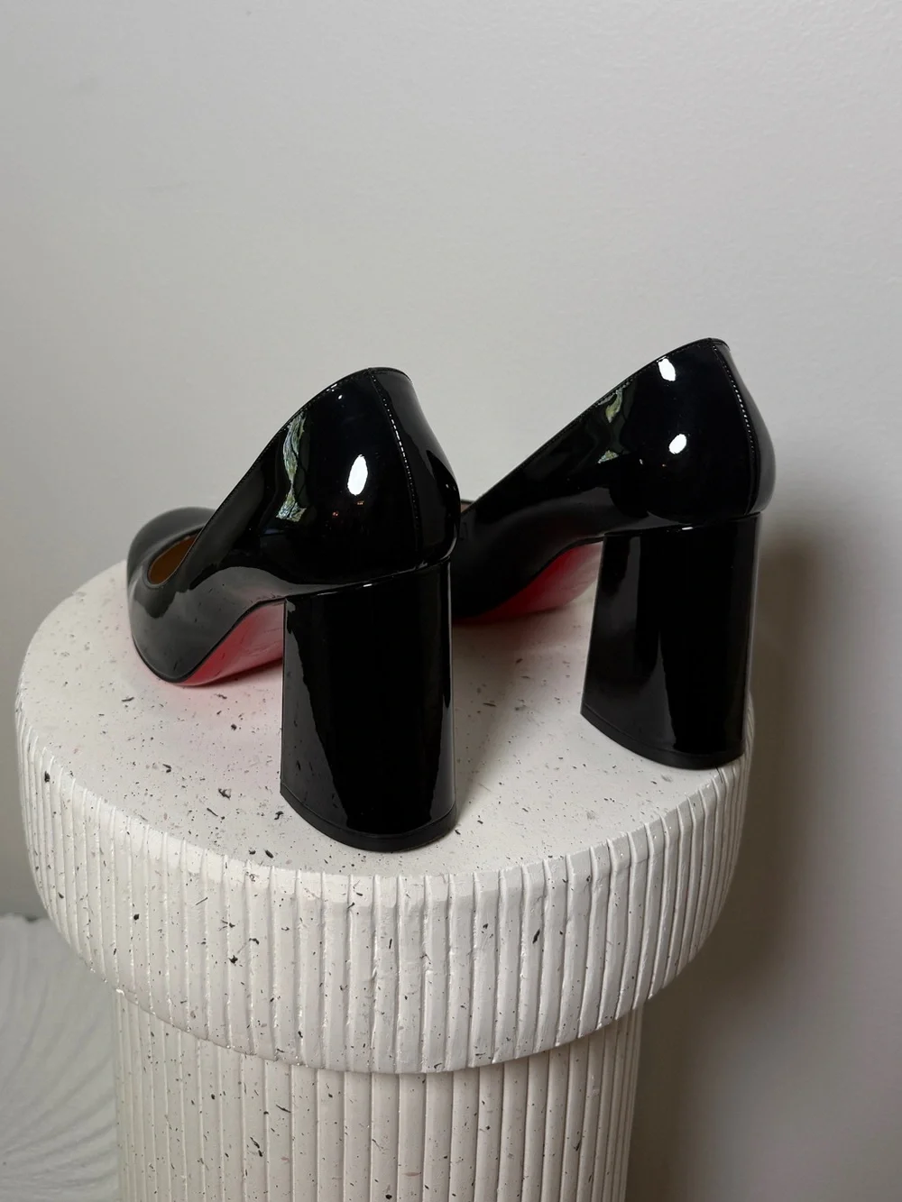 Christian Louboutin Black Patent Round Toe Block Heel Pumps with Red Sole - Picture 3 of 9